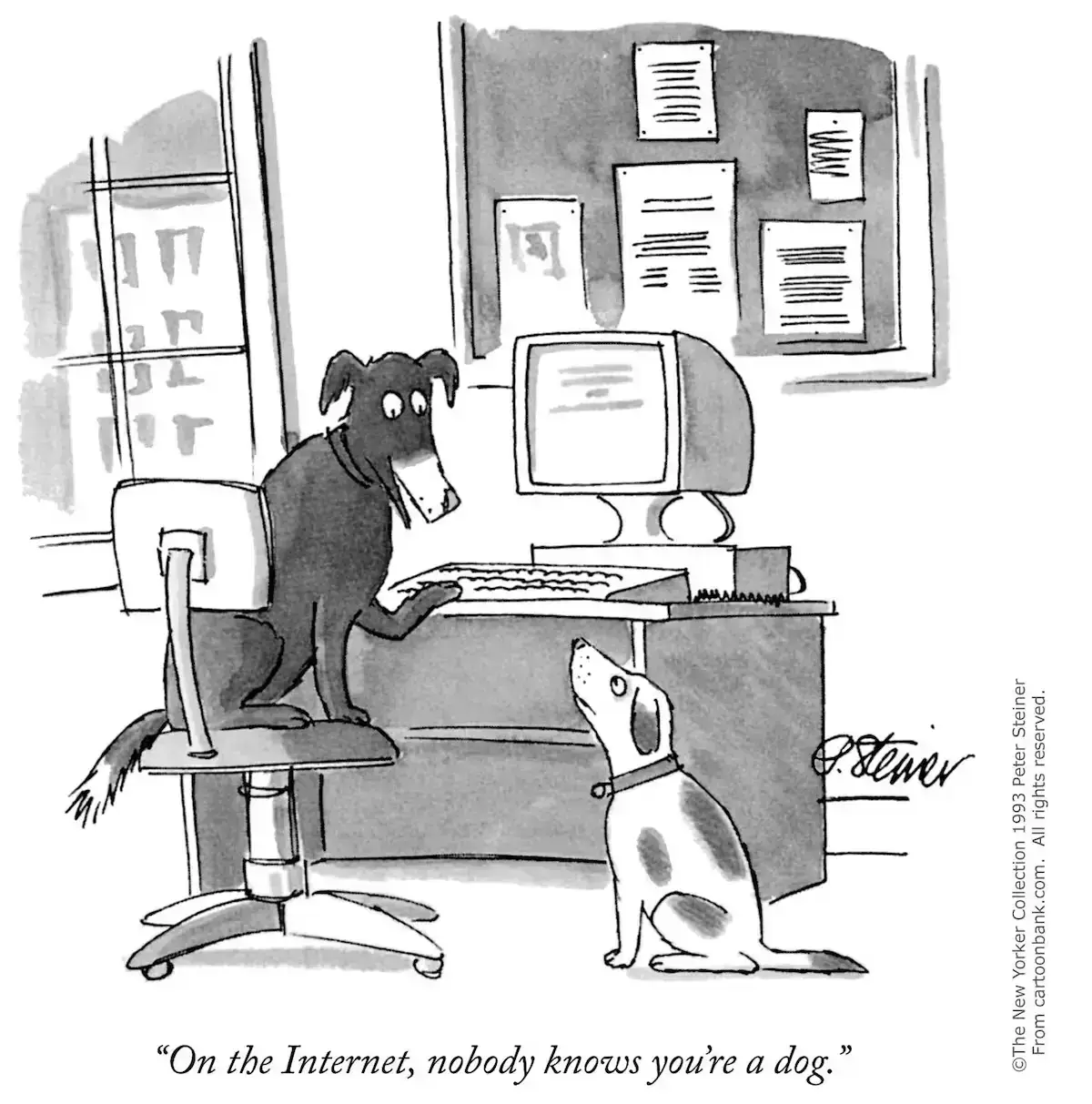 'On the internet, nobody knows you're a dog.' The New Yorker cartoon by Peter Steiner, 1993